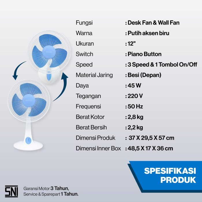 Miyako Desk Fan / Wall Fan 12 inch KAD1227BGB